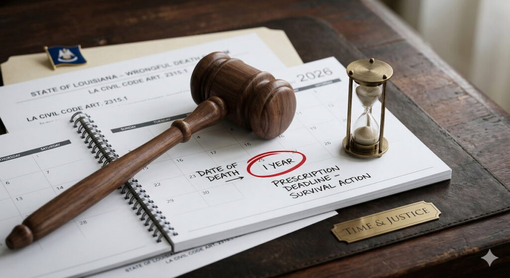A legal gavel resting on a calendar with a circled date, representing the strict one-year prescription deadline for Louisiana survival actions after a wrongful death.