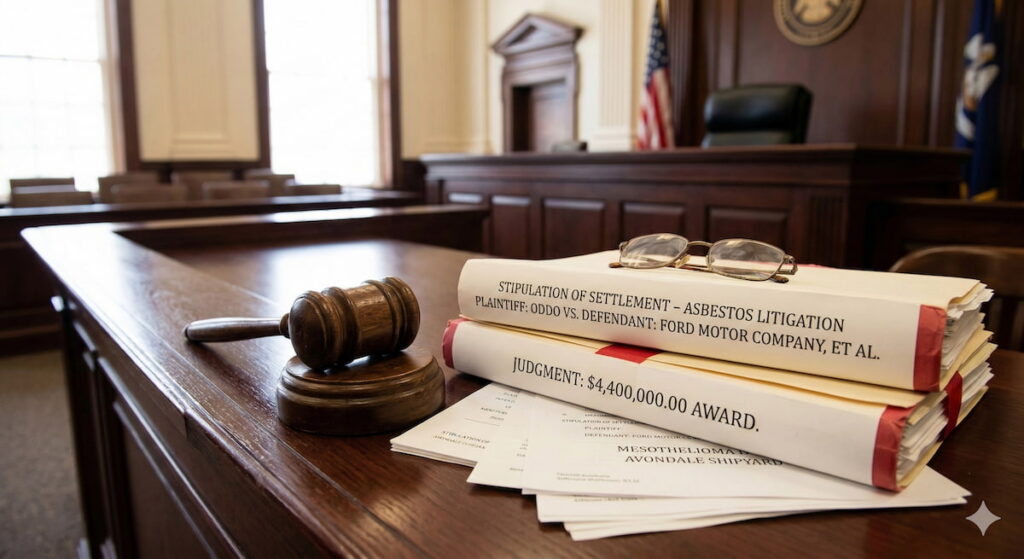 A gavel and legal documents on a wooden desk in a Louisiana courtroom, representing the settlement value of mesothelioma and asbestos lawsuits.