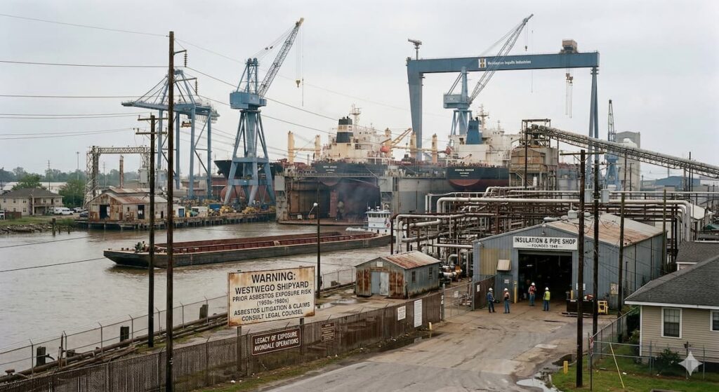 An industrial view of the Westwego, Louisiana riverfront and shipyards, highlighting the site of historical asbestos exposure claims.