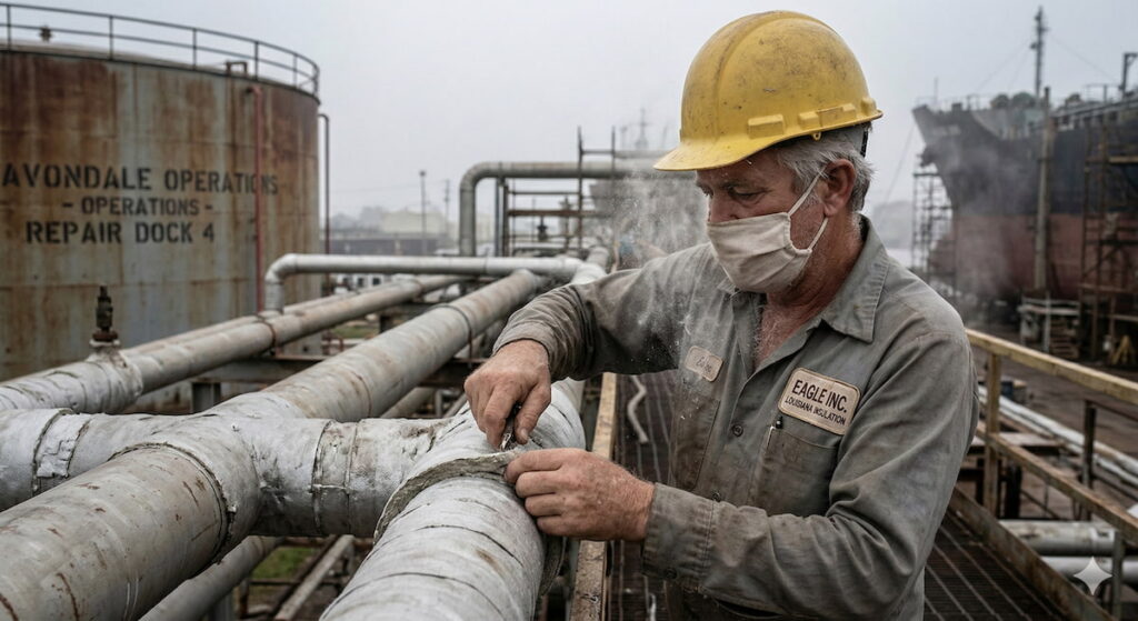 A documentary-style photo of an industrial worker installing insulation on pipes, showing a dust cloud to represent the risk of asbestos exposure from companies like Eagle Inc. in Louisiana.