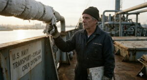 A realistic photo of a Merchant Mariner on the deck of a vintage cargo vessel, illustrating the risk of asbestos exposure on U.S. Navy transport ships.