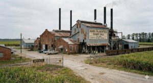 A realistic landscape photo of the Alma Plantation Sugar Mill facility in Pointe Coupee Parish, Louisiana, illustrating the location of historical asbestos exposure claims and mesothelioma lawsuits.