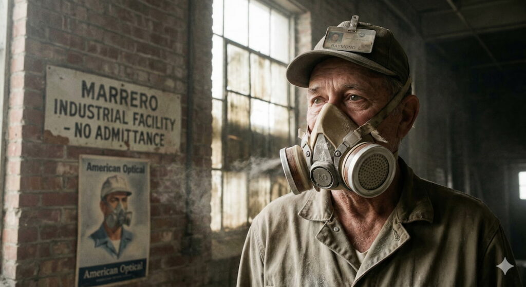 A vintage industrial respirator used in Marrero, Louisiana plants, representing the risk of asbestos lung cancer and American Optical lawsuits.