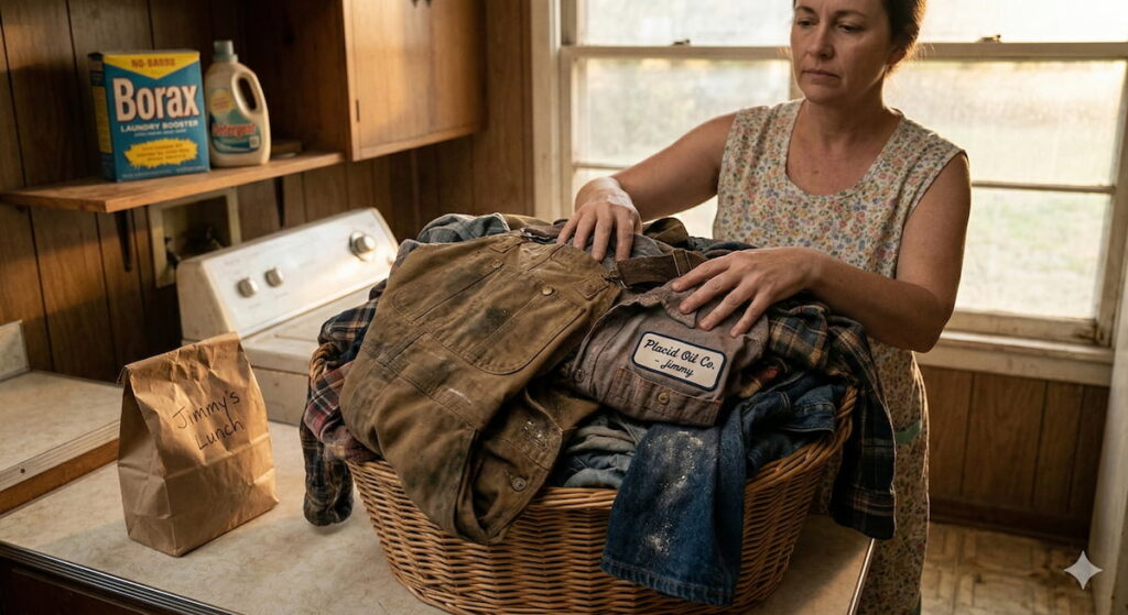 A laundry basket and work clothes with a Placid Oil Co. label in a Natchitoches, Louisiana, home, illustrating the risk of secondhand asbestos exposure.