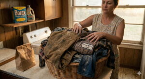A laundry basket and work clothes with a Placid Oil Co. label in a Natchitoches, Louisiana, home, illustrating the risk of secondhand asbestos exposure.
