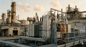 A high-voltage electrical substation in a South Louisiana chemical plant, showing an industrial electrician performing work on complex switchgear, representing the risk of toxic asbestos exposure.