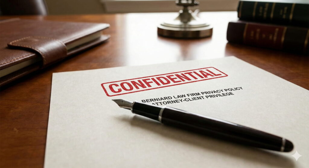 A close-up of a pen resting on a document titled "Confidential," symbolizing the Berniard Law Firm's commitment to client privacy.