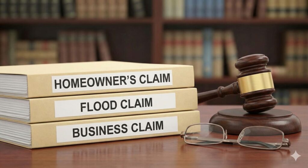 A lawyer's desk with file folders labeled "Homeowner's Claim," "Flood Claim," and "Business Claim" next to a gavel.