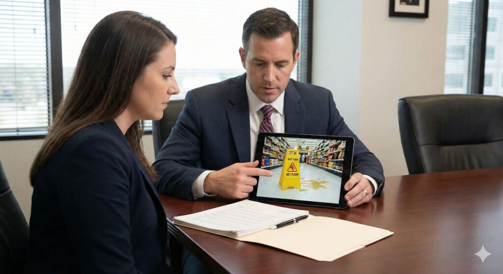 A Berniard Law Firm attorney reviewing security camera footage with a client to prove a store owner had constructive notice of a spill.