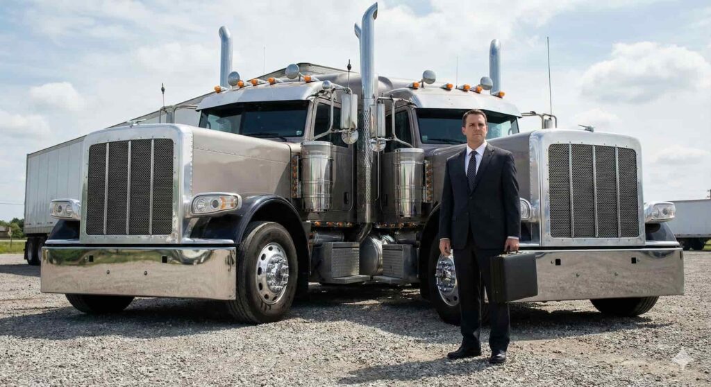 A Berniard Law Firm attorney in a suit standing in a gravel lot next to a large, commercial 18-wheeler semi-truck.