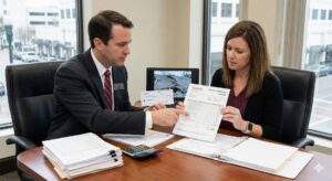 A Berniard Law Firm attorney comparing a client's lowball insurance check against a contractor's repair estimate to identify underpayment.