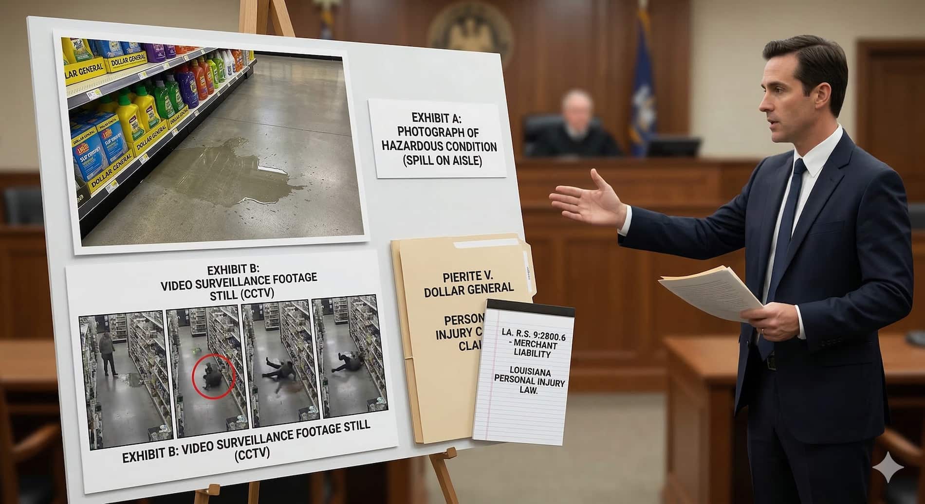 Photograph taken by an investigator of a wet floor hazard in a Dollar General aisle, with a surveillance camera in the background, illustrating evidence collection for a Louisiana slip and fall lawsuit.